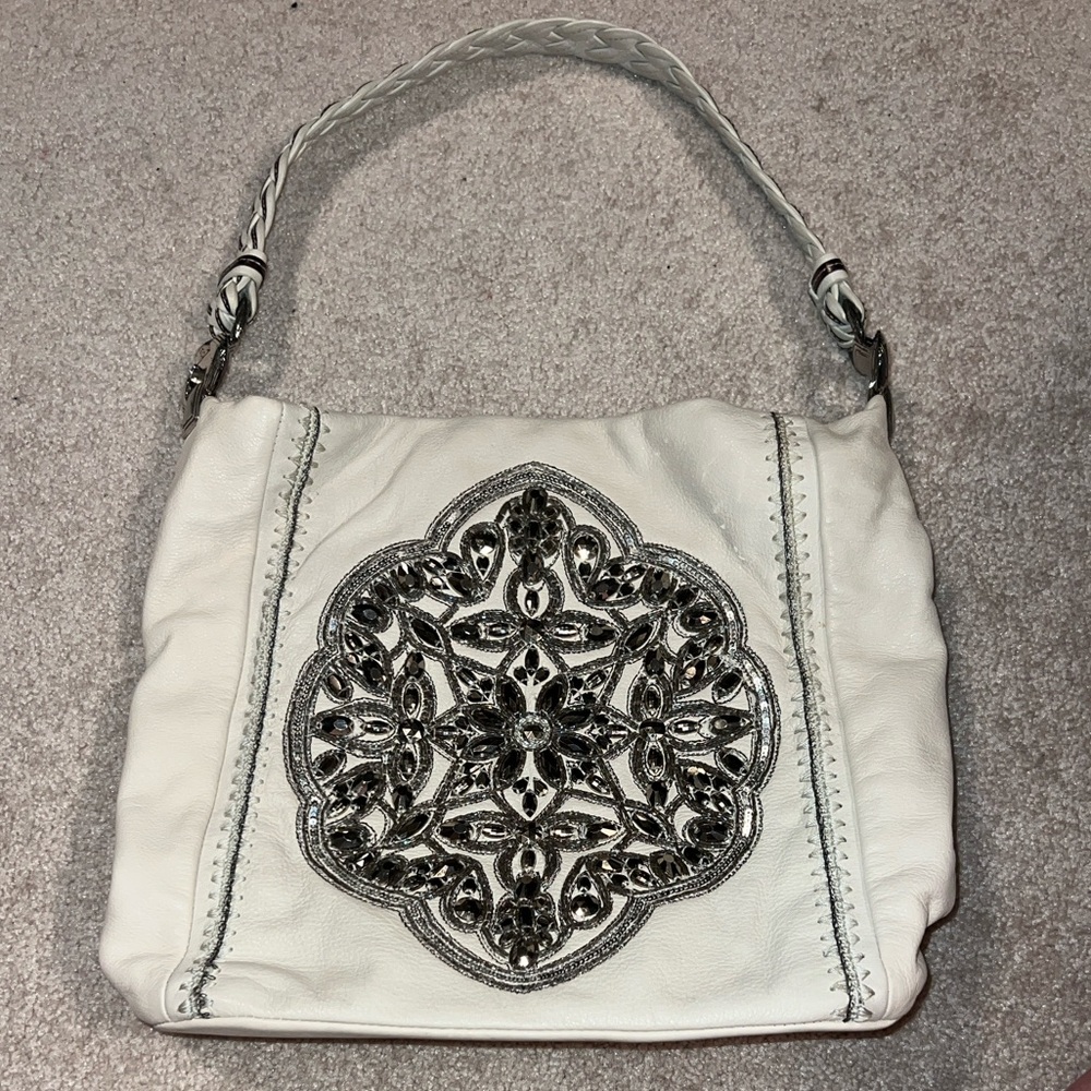Brighton White Embellished Shoulder Bag with Silver Medallion